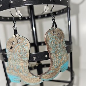 Turquoise and Brown Cowboy Boot Wooden Earrings
